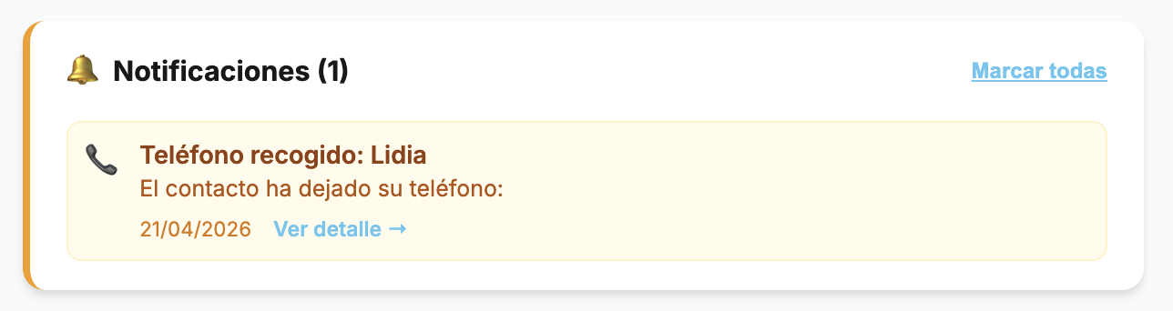 Notificación en tiempo real cuando un cliente deja su teléfono