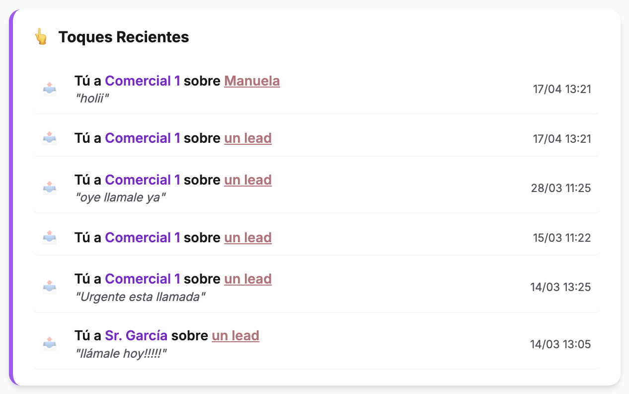 Historial de toques recientes enviados a los comerciales