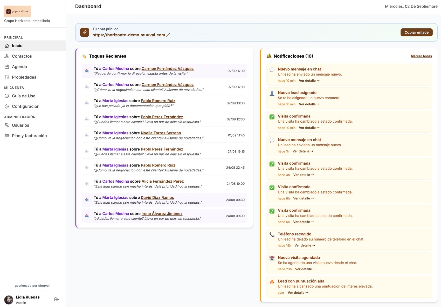 Dashboard real del CRM de Muuvai, con toques recientes y notificaciones