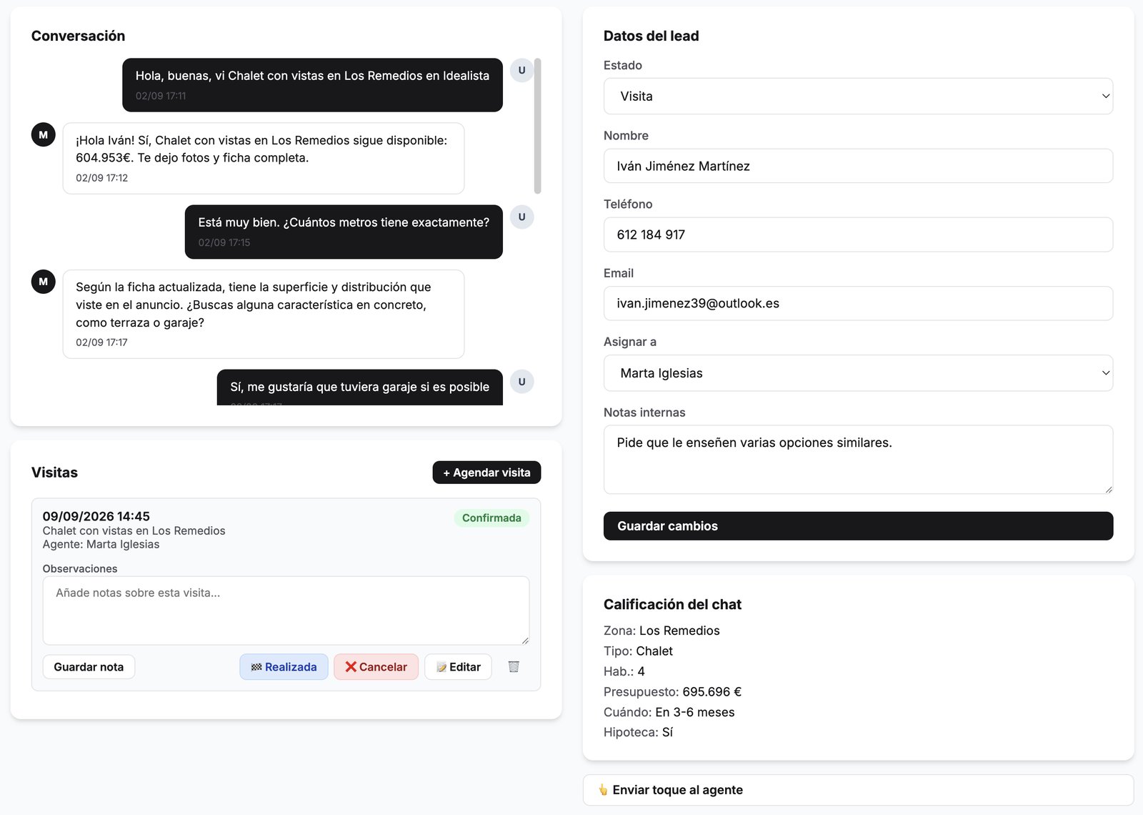 Ficha real de un lead con la conversación completa con la IA de Muuvai
