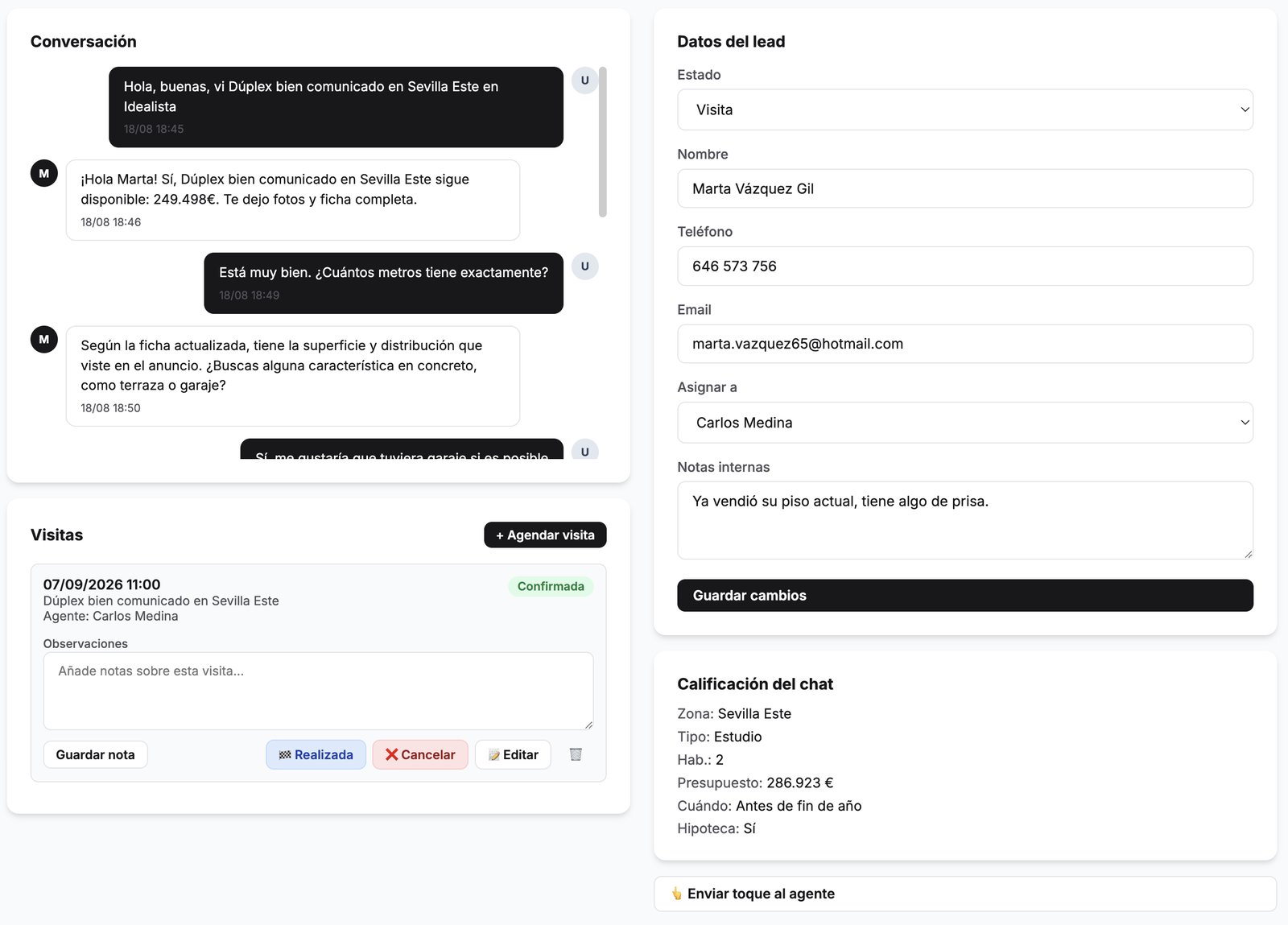 Otro ejemplo real de ficha de lead con conversación con la IA