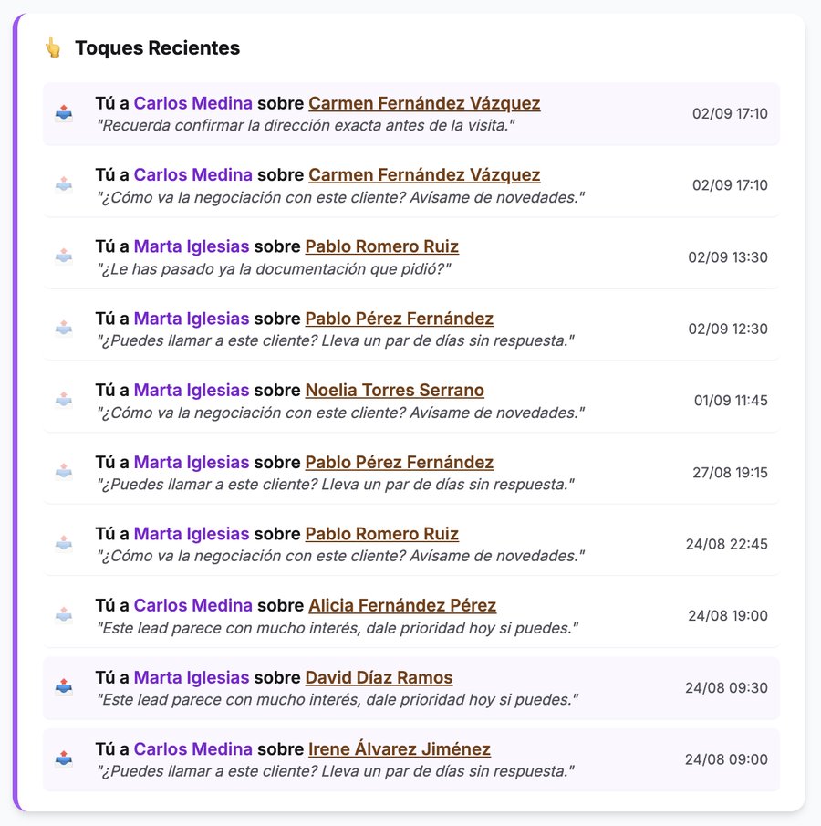 Historial de toques recientes enviados a los comerciales